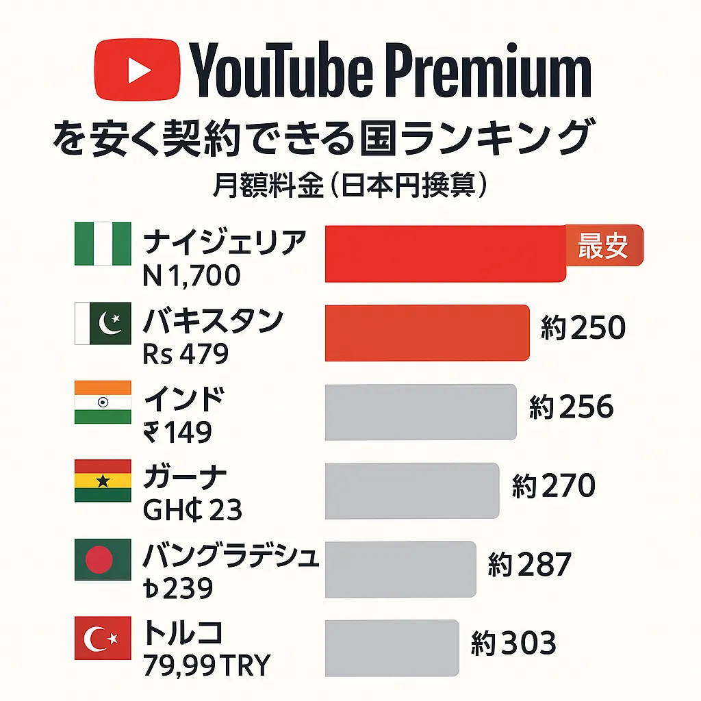 YouTubeプレミアムを安く契約できる国はどこ?